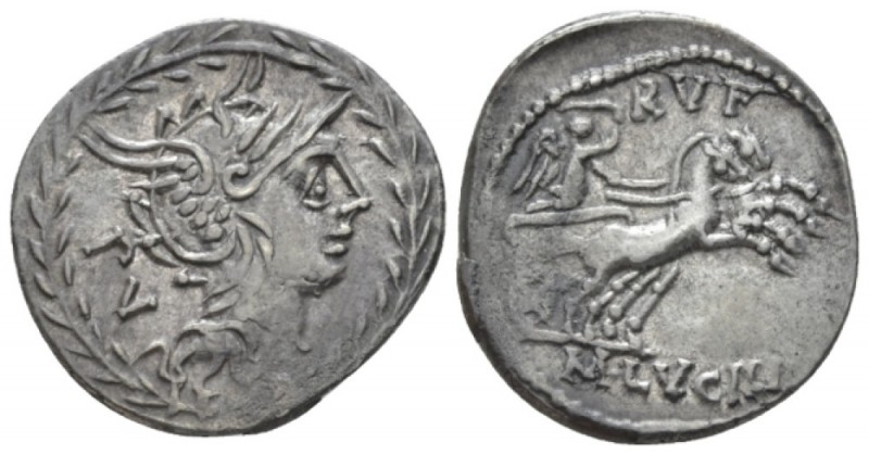 M. Lucilius Rufus Denarius 101, AR 21.5mm., 3.98g. Helmeted head of Roma right; ...