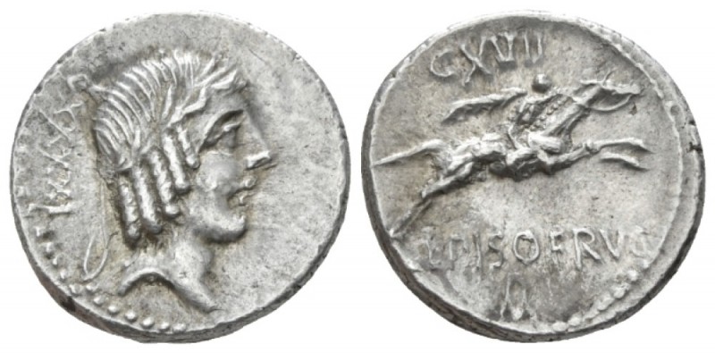 L. Piso Frugi. Denarius 90, AR 18mm., 3.96g. Laureate head of Apollo r.; behind,...