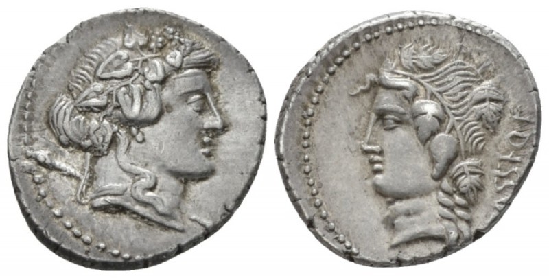 L. Cassius Q. f. Denarius circa 78, AR 17.5mm., 3.86g. Ivy-wreathed head of Libe...