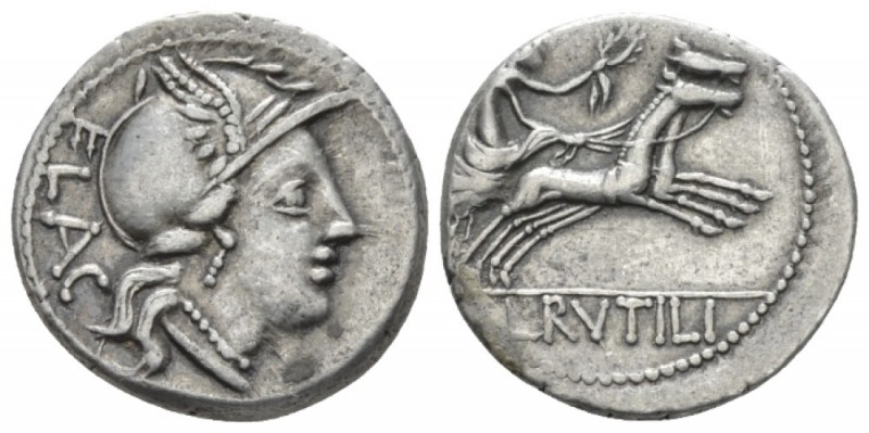 L. Rutilius Flaccus. Denarius circa 77, AR 18.7mm., 3.83g. FLAC Helmeted head of...