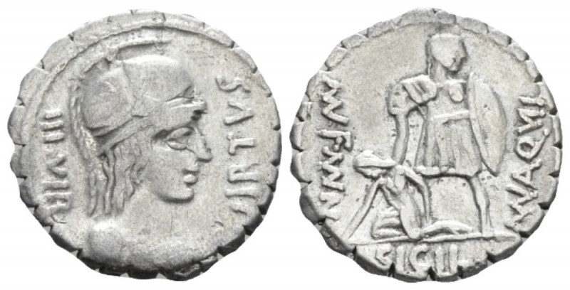 Mn. Aquillius. Denarius serratus circa 71, AR 18.7mm., 3.76g. VIRTVS – III VIR H...