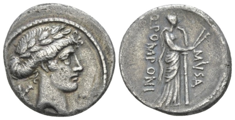 Q. Pomponius Musa. Denarius circa 66, AR 17.8mm., 3.70g. Laureate head of Apollo...