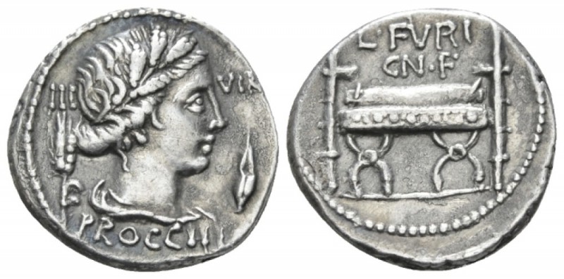 L. Furius Cn. f. Brocchus. Denarius circa 63, AR 18mm., 3.84g. III – VIR Head of...