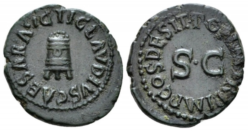 Claudius, 41-54 Quadrans circa 41, Æ 19mm., 3.12g. TI CLAVDIVS CAESAR AVG Three-...