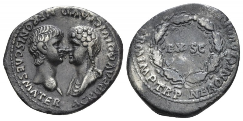 Nero, 54-68 Denarius end 54, AR 3.18mm., 3.51g. Confronted busts of Nero, bare, ...