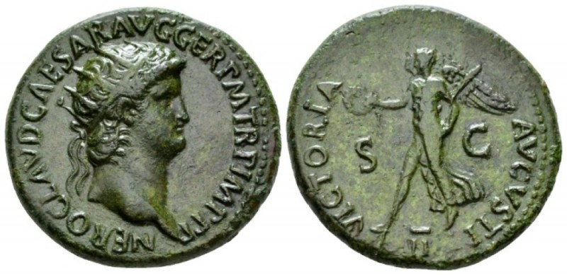 Nero, 54-68 Dupondius circa 64, Æ 30mm., 14.63g. Radiate head r. Rev. Victory ad...