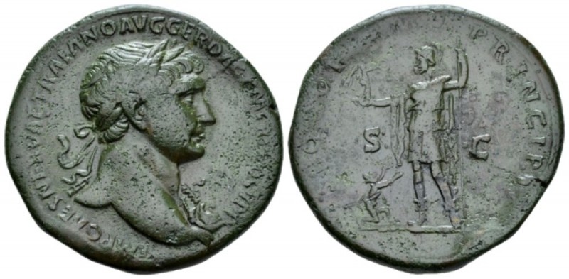 Trajan, 98-117 Sestertius circa 103-111, Æ 33mm., 25.86g. Laureate bust r., drap...
