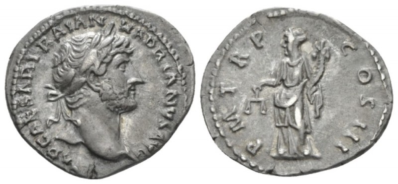 Hadrian, 117-138 Denarius circa 119-122, AR 20mm., 3.10g. Laureate head r. Rev A...