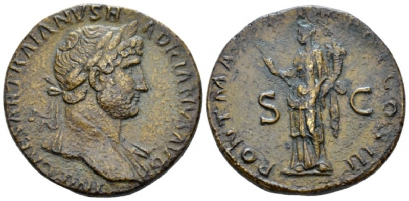 Hadrian, 117-138 Sestertius circa 119-122, Æ 32mm., 21.50g. Laureate bust r., wi...