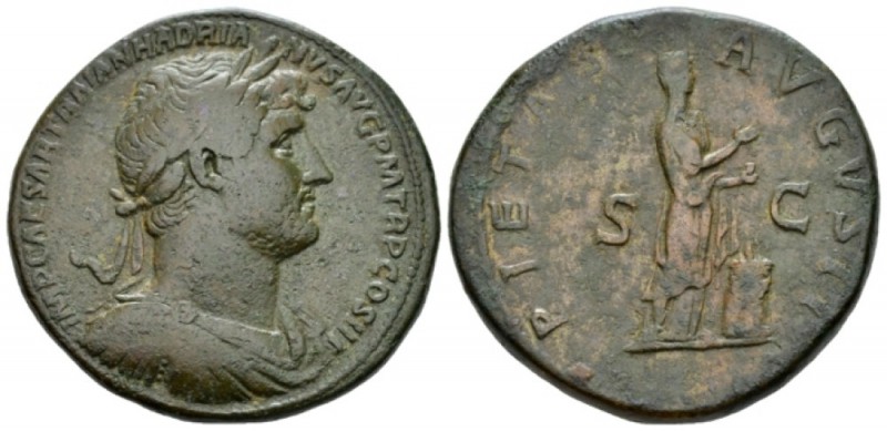 Hadrian, 117-138 Sestertius circa 119-122, Æ 32mm., 27.81g. Laureate, draped and...