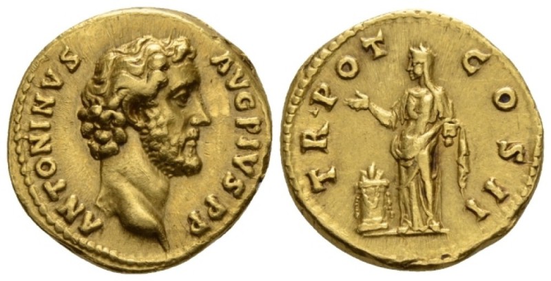 Antoninus Pius, 138-161 Aureus circa 139, AV 18.8mm., 7.08g. Bare head r. Rev. P...