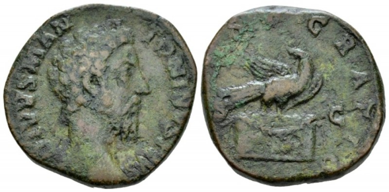 Divus Marcus Aurelius. Sestertius after 180, Æ 29mm., 24.02g. Bare head r. Rev. ...