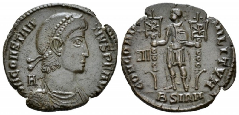 Constantius II, 337-361 Æ3 Sirmium circa 351-355, Æ 22mm., 4.41g. Pearl-diademed...