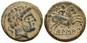 Hispania, Bolscan Unit circa 150-101, Æ 25mm., 9.09g. Bearded male head r.; dolphin behind. Rev. Warrior on horseback r., holding spear; star above. A...