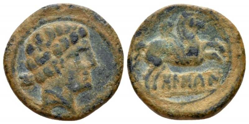 Hispania, Bolscan Half Unit circa 150-101, Æ 19mm., 4.11g. Bearded male head r. ...