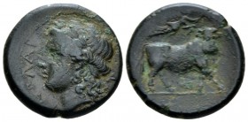 Campania, Nola Bronze circa 300-250, Æ 20mm., 7.00g. Laureate head of Apollo l. Rev. Man-headed bull advancing r., crowned by Nike flying r. above. SN...
