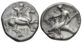 Calabria, Tarentum Nomos circa 315-300, AR 20mm., 7.86g. Horseman galloping r., holding spears and shield; below API. Rev. Oecist riding dolphin l., h...