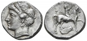 Calabria, Tarentum Nomos after 276, AR 20mm., 7.35g. Diademed female head l. Rev. Horseman r., crowning his horse; below, dolphin. Vlasto 1012. SNG Fr...