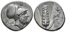 Lucania, Metapontum Nomos circa 340-330, AR 21mm., 7.85g. Head of Leucippus r., wearing Corinthian helmet; behind, AMI. Rev. META Ear of barley with l...