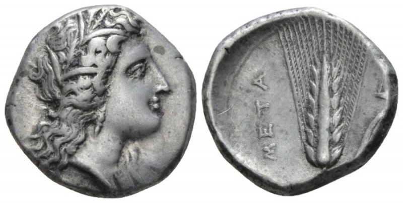 Lucania, Metapontum Nomos circa 330-290, AR 20mm., 7.86g. Head of Demeter r., we...