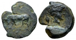 Sicily, Gela Uncia circa 420-405, Æ 13.5mm., 1.43g. Bull standing l. Rev. Head of river-god Gelas r.; grain-ear behind. Jenkins, Gela 500. SNG ANS 108...