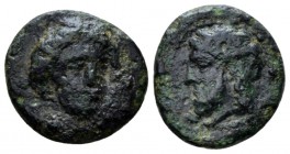Sicily, Gela Bronze IV cent., Æ 15mm., 2.56g. Head of Demeter facing, sligthly r., with wreth of corn-ears, necklace and hair falling on neck, Rev. Be...