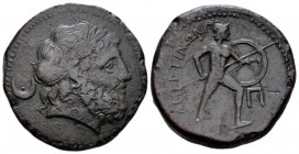 Sicily, Messana under Mamertini Pentoncia circa 220-200, Æ 27mm., 11.40g. Laureate head of Zeus r.; in l. field, crescent. Rev. Warrior advancing r.; ...