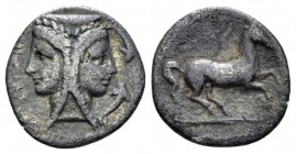 Sicily, Syracuse 2 Litrae circa 344-317, AR 12mm., 1.37g. Janiform female head; in r. field, two dolphins. Rev. Horse prancing r. SNG Copenhagen 718. ...