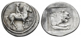 Kingdom of Macedon, Perdiccas II, 454-413 Heavy tetrobol circa 437/6-432/1, AR 16mm., 2.43g. Warrior on horseback r.; holding spear. Rev. Forepart of ...