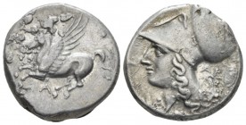 Acarnania, Argos Amphilochikon Stater circa 330-280, AR 20mm., 8.36g. Pegasos flying l.; A below. Rev. Helmeted head of Athena l.; AP and shield with ...