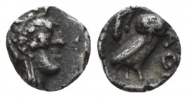 Attica, Athens Hemiobol after 449 BC, AR 8mm., 0.35g. Head of Athena r., wearing Attic helmet decorated with olive leaves and palmette. Rev. Owl stand...