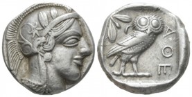 Attica, Athens Tetradrachm circa 440-430, AR 25mm., 17.11g. Head of Athena r., wearing crested helmet, earring and necklace; bowl ornamented with spir...