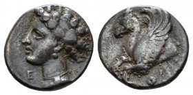 Corinthia, Corinth Hemidrachm circa 400-350, AR 11mm., 1.18g. Forepart of Pegasus l. Rev. Head of Aphrodite l.; E before. BMC 332. BCD Corinth –. Very...