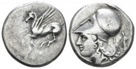 Corinthia, Corinth Stater circa 375-300, AR 20mm., 8.35g. Pegasus flying l. Rev. Helmeted head of Athena l.; in r. field, statue of Athena, holding sp...
