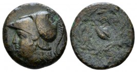 Aeolis, Elaia Bronze circa 340-280, Æ 16mm., 2.63g. Head of Athena l., wearing Corinthian helmet. Rev. Barley grain within wreath. SNG Copenhagen 166-...