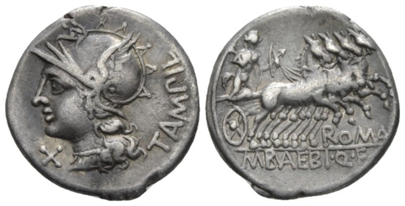 M. Baebius Q.f. Tampilus. Denarius circa 137, AR 18.5mm., 3.77g. Helmeted head o...