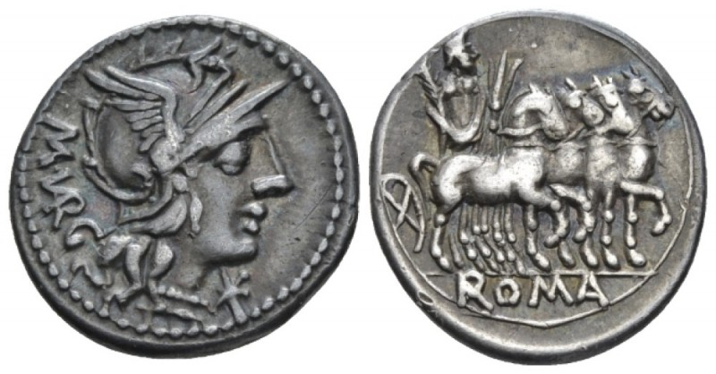 M. Vargunteius. Denarius circa 130, AR 19.8mm., 3.84g. Helmeted head of Roma r.;...