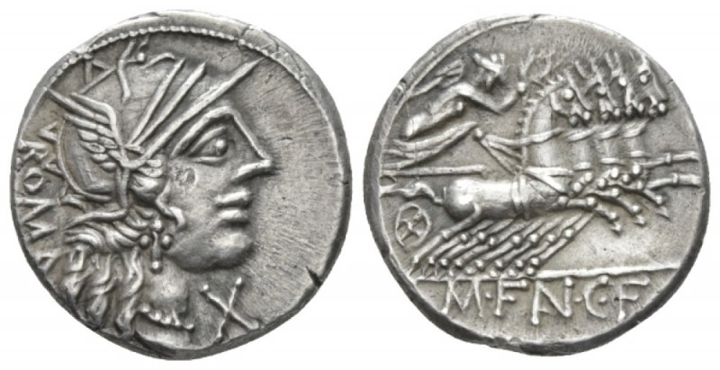 M. Fannius C.f. Denarius circa 123, AR 17.5mm., 3.90g. Helmeted head of Roma r.;...