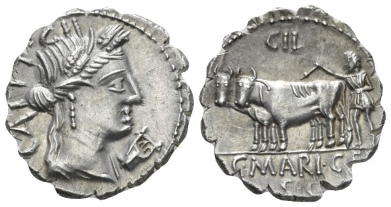 C. Marius C.f. Capito. Denarius serratus circa 81, AR 18.5mm., 3.86g. Draped bus...