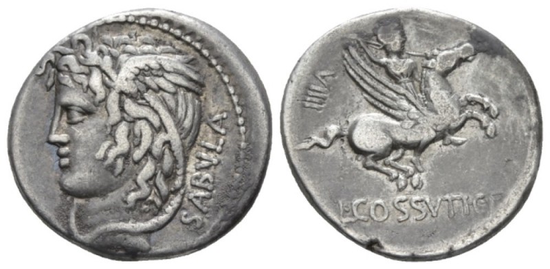 L. Cossutius C. f. Sabula. Denarius circa 74, AR 18.2mm., 3.97g. SABVLA Head of ...