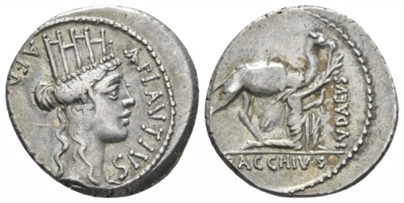 M. Plaetorius M.f. Cestianus. Denarius circa 67, AR 18.8mm., 4.08g. Head of Cybe...