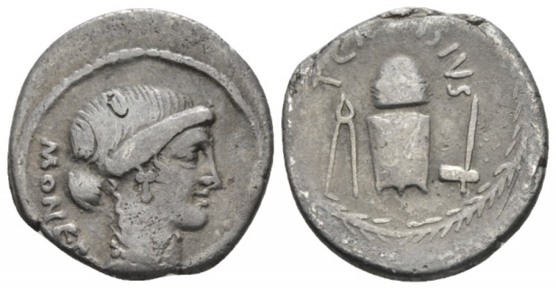 T. Carisius. Denarius circa 46, AR 19mm., 3.51g. MONETA Head of Iuno Moneta r. R...