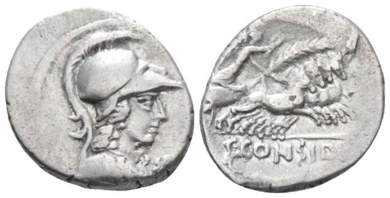 C. Considius Paetus. Denarius circa 46, AR 19.5mm., 4.10g. Helmeted bust of Mine...