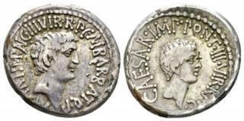 Marcus Antonius and C. Caesar Octavianus with M. Barbatius. Denarius plated mint...