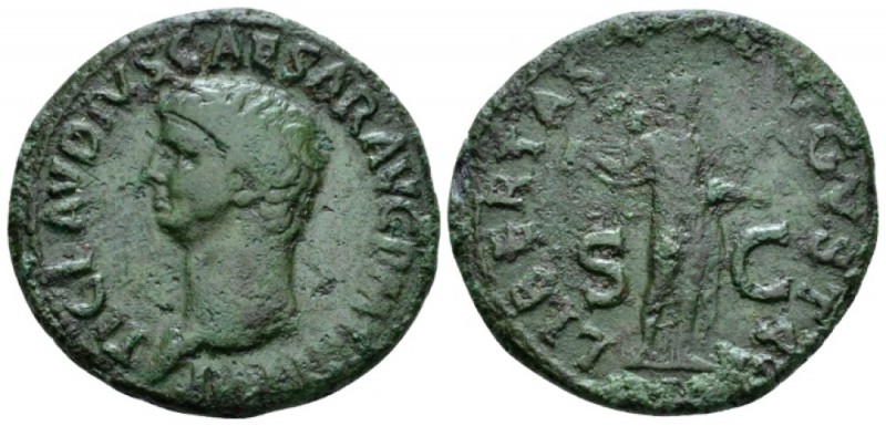 Claudius, 41-54 As circa 41-50, Æ 30mm., 11.35g. Bare head l. Rev. Libertas drap...