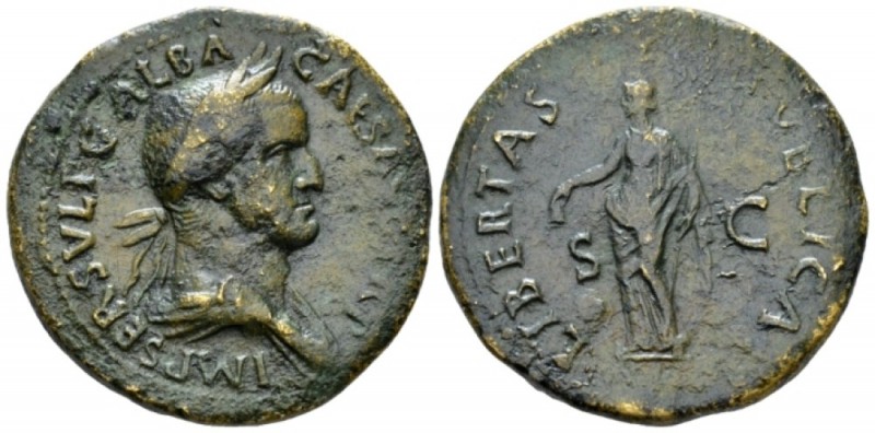 Galba, 68-69 Sestertius Late summer 68, Æ 35mm., 24.19g. Laureate and draped bus...