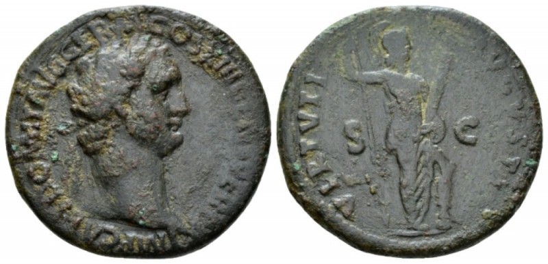 Domitian, 81-96 As circa 88-89, Æ 27mm., 9.09g. Laureate head r. Rev. Virtus sta...