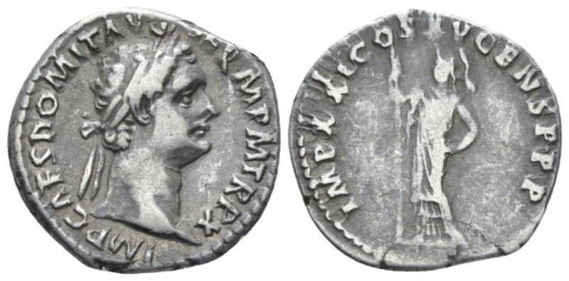 Domitian, 81-96 Denarius circa 90-91, AR 19mm., 3.31g. Laureate head r. Rev. Min...