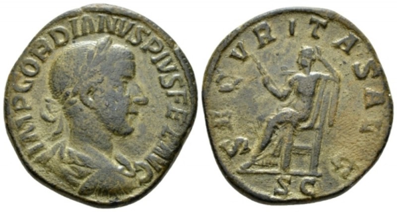 Gordian III, 238-244 Sestertius circa 241, Æ 32mm., 21.10g. Laureate, draped and...