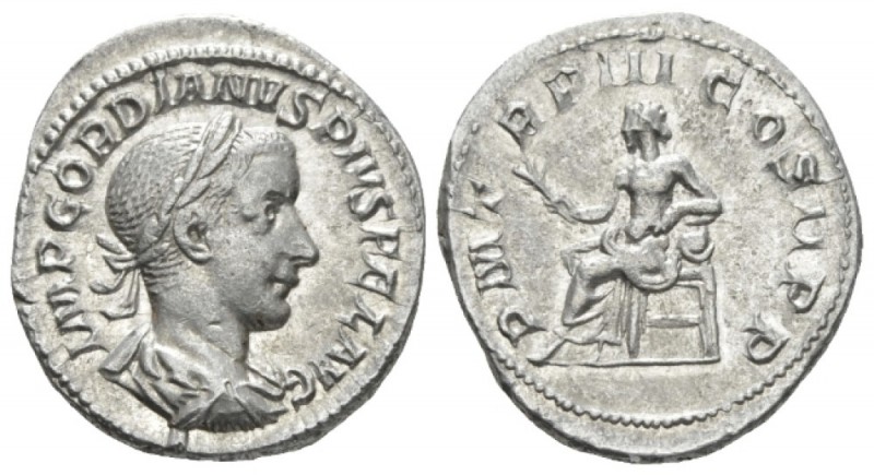 Gordian III, 238-244 Denarius circa 241-243, AR 20mm., 3.57g. Laureate, draped a...